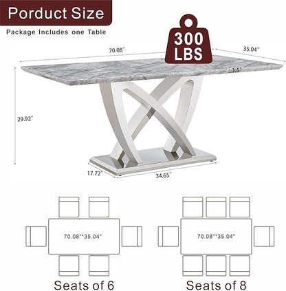 70" Faux Marble Dining Table for 6-8 People, Modern Rectangular Kitchen Table with Gold Mirror Finish Stainless Steel Base, Large Dining Room Table (Silver + Grey, Type2 + 70" Rectangle)
