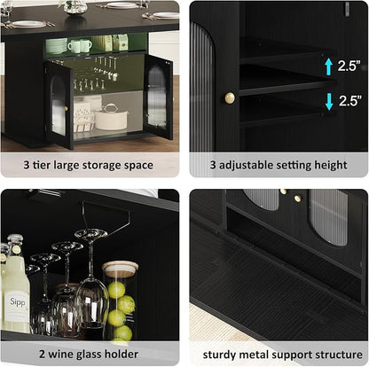 HSH Black Dining Table for 4 to 6, Modern Kitchen Dining Room Table with 3-Tier Storage Shelf and Acrylic Door Cabinet, Rectangular Wooden Dinner Tables for Home Kitchen Living Room, Black Oak，63 in