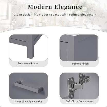 Favfurish 24" Modern Bathroom Vanity with Ceramic Sink, Freestanding Storage Cabinet w/2 Soft-Close Doors & 1 Drawer, Double-Layer Door Shelf, Solid Wood Frame for Small Bathrooms, Easy Assembly,Grey