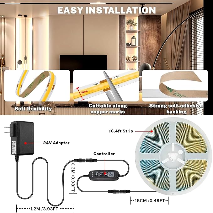 16.4ft COB Led Strip Light, Bright Led Light Strips with Remote and APP, Warm White 3000K COB Lighting Dimmable, 24v Flexible Indoor Tape Lighting for Cabinets, Shelves, Mirrors, Counters