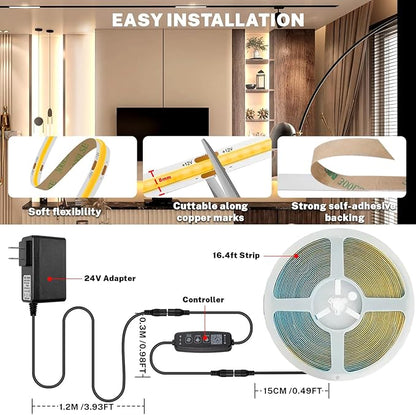 16.4ft COB Led Strip Light, Bright Led Light Strips with Remote and APP, Warm White 3000K COB Lighting Dimmable, 24v Flexible Indoor Tape Lighting for Cabinets, Shelves, Mirrors, Counters