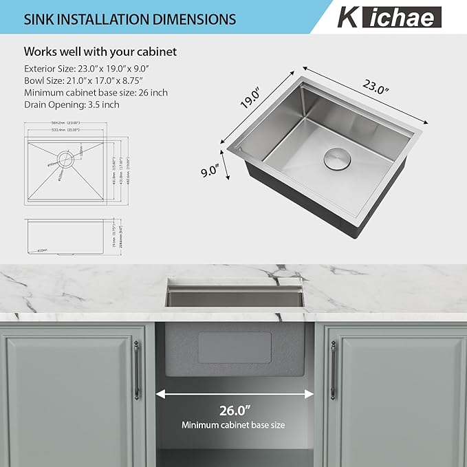 23 Inch Undermount Kitchen Sink - 23x19 Undermount Sink Ledge Workstation Stainless Steel 16 Gauge Single Bowl Handmade Round Corner Small Kitchen Sink with Cutting Board