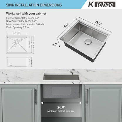 23 Inch Undermount Kitchen Sink - 23x19 Undermount Sink Ledge Workstation Stainless Steel 16 Gauge Single Bowl Handmade Round Corner Small Kitchen Sink with Cutting Board