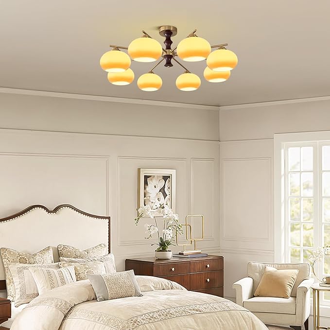 KCO Lighting Wood Gold Flush Mount Light Fixture 8 Light Brass Sputnik Chandelier Ceiling Light Fixture Vintage Schoolhouse Ceiling Light Retro Globe Light Fixture