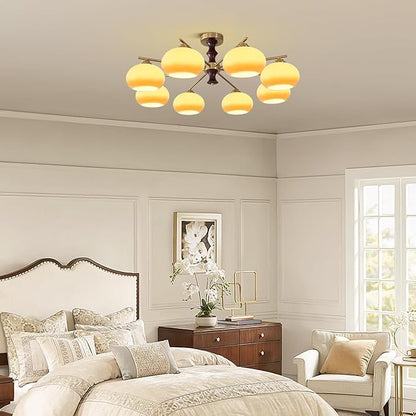 KCO Lighting Wood Gold Flush Mount Light Fixture 8 Light Brass Sputnik Chandelier Ceiling Light Fixture Vintage Schoolhouse Ceiling Light Retro Globe Light Fixture
