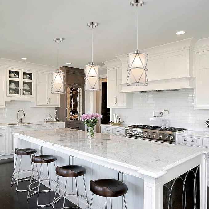 Pendant Lights Kitchen Island with Frosted Glass, Brushed Nickel Hanging Kitchen Lights, Cylindrical Modern Pendant Light, Kitchen Pendant Lighting Over Island, Foyer, Dining Room, Entryway