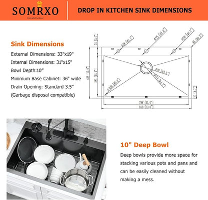 33×19 Drop In Kitchen Sink with Faucet Combo-Stainless Steel Black Drop In Sink with Cup Washer, 9 Inch Deep Single Bowl Kitchen Sinks and Faucets Combo Set,Top Mount Design for Modern Kitchens