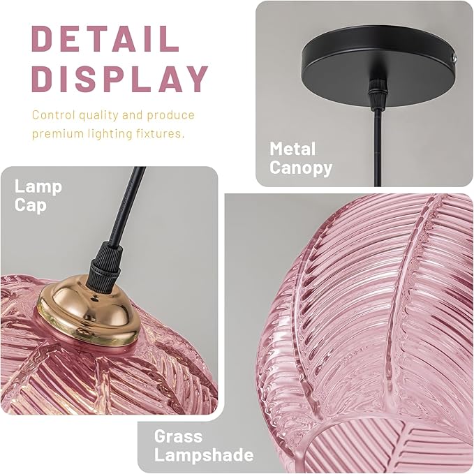 Pink Hanging Pendant Lighting, Vintage Modern Hanging Light Glass Chandelier Adjustable Ceiling Pendant Light for Living Room Dressing Room, Vanity, Girls Room