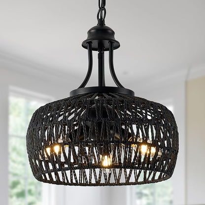 Farmhouse Chandeliers for Dining Room, 3-Light Rustic Ceiling Fixture with Twine Making Lampshade, Adjustable Height Chandelier for Bedroom, Kitchen, Bedroom (Balck)