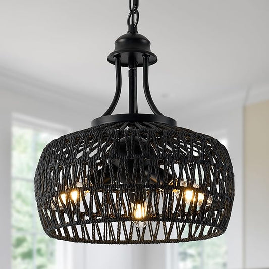 Farmhouse Chandeliers for Dining Room, 3-Light Rustic Ceiling Fixture with Twine Making Lampshade, Adjustable Height Chandelier for Bedroom, Kitchen, Bedroom (Balck)