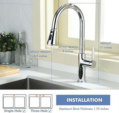 Kitchen Faucet with Pull Down Sprayer Tall Single Handle High Arc Kitchen Sink Faucet Faucet for Kitchen Sink 3-Function Sprayer 17 Inch,Chrome