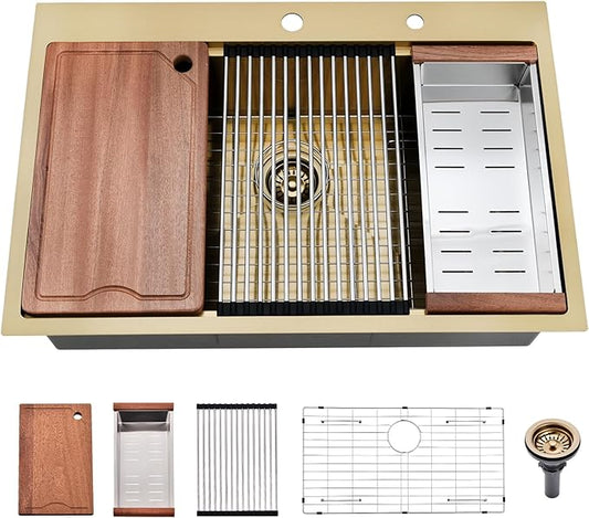 33x22 Drop in Kitchen Sink Gold - 16 Gauge Stainless Steel Single Bowl Workstation Sink with Accessories, 10 Inch Deep Topmount