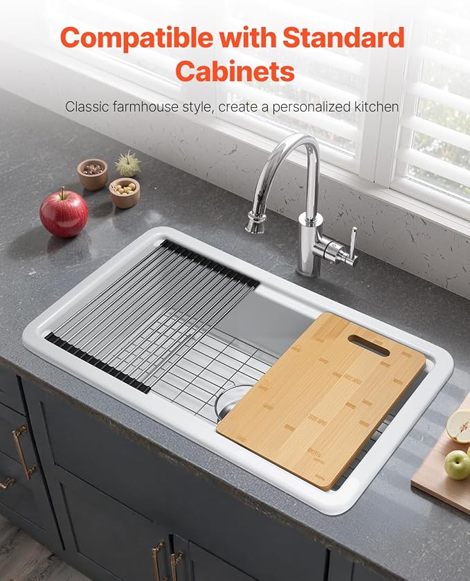 VEVOR 33x19 inch Farmhouse Sink, White Sink Workstation, Fireclay Topmount Undermount Basin, Drop-In Single Bowl Basin with Multiple Accessories, Large Capacity Household Dishwasher Sinks for Kitchen
