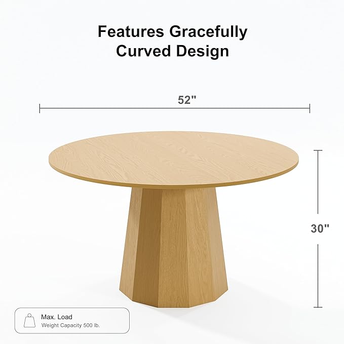 Casaphoria 52" Round Dining Table, Modern Wood Kitchen Table with Cone Shaped Strip Polygonal Base for Living Room & Dining Room, Easy Assembly Farmhouse Furniture for 4-6, Oak