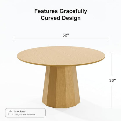 Casaphoria 52" Round Dining Table, Modern Wood Kitchen Table with Cone Shaped Strip Polygonal Base for Living Room & Dining Room, Easy Assembly Farmhouse Furniture for 4-6, Oak
