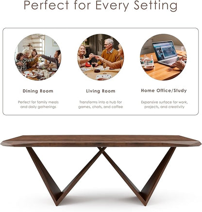 Furniture of America Nazaen III 82.5" Mid-Century Modern Solid Wood Live Edge Dining Table with Steel Support, Walnut Finish, Seats 6–8