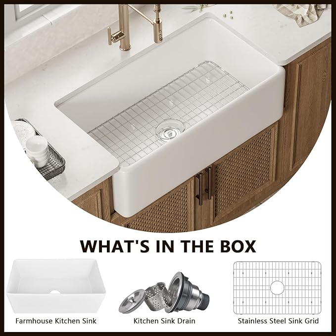 DeerValley Farmhouse Kitchen Sink 30 Inch, Fireclay White Apron Front Farm Sink, Single Bowl Deep Drop-in Undermount Reversible Sink with Grid & Strainer
