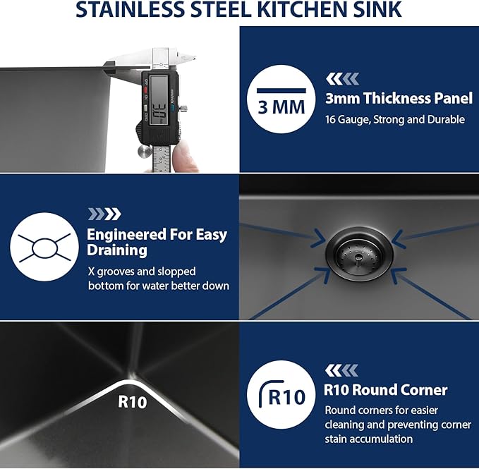 Lordear Drop In Kitchen Sink, 33 inch Black Waterfall Sink 16 Gauge Stainless Steel, Above Counter Smart Kitchen Sinks, Single Bowl with Integrated Control for Powerful Cleaning