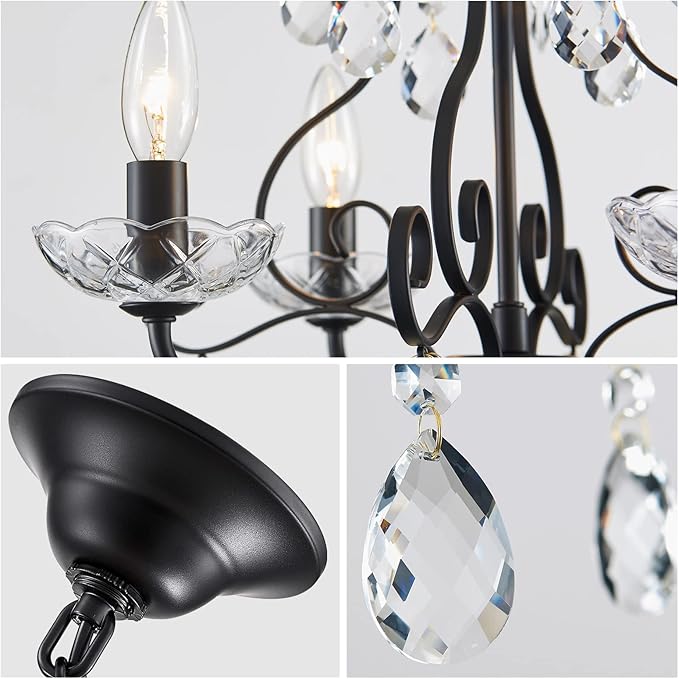 WUZUPS Crystal Candle Chandelier Pendant Flushmount Ceiling Light Modern Lighting Fixture for Bedroom Hallway Bar Kitchen Bathroom, H 14" x W 16", Black, E12 Base