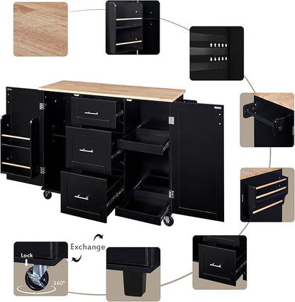 Rolling Kitchen Island with Storage, Kitchen Cart with Rubber Wood Top,3 Drawer,2 Slide-Out Shelf and Internal Storage Rack, Kitchen Island on Wheels with Spice Rack & Tower Rack (Black~09)
