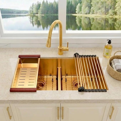 32 inch Double Bowl Kitchen Sink,Gold Undermount Kitchen Sink 32 X 18 inch,16 Gauge Stainless Steel Undermount Sinks,Special Low-Divide Design