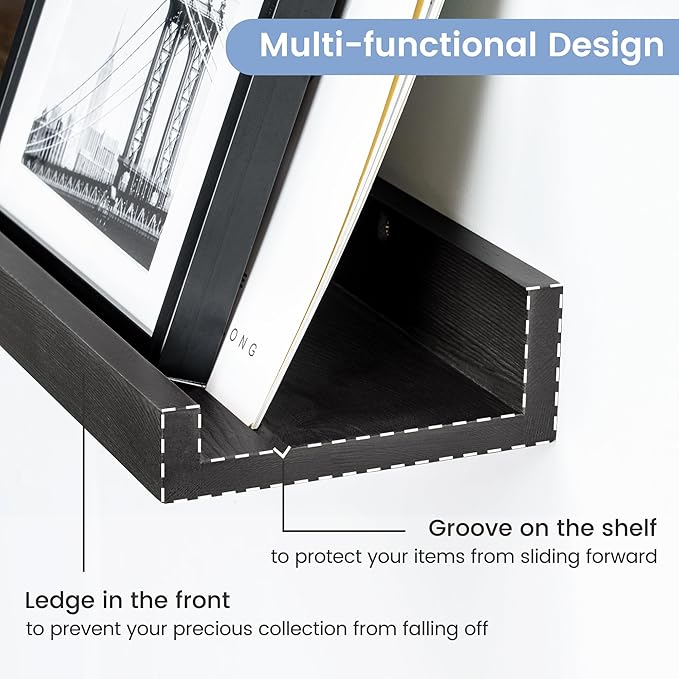 FLYJOE Picture Ledge Wall Shelves 16 inches Width Set of 3, Solid Pine Wood Rustic Floating Ledge Shelves for Wall for Kids' Room Bedroom Kitchen Bathroom Living Room Nursery Display Decor, Black