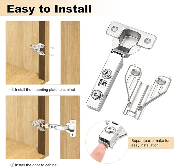 Probrico Full Overlay Soft Close Clip On Face Frame Mounting Cabinet Hinges, Nickel Plated Door Hinges, Concealed Screws 105 Degree Kitchen Cabient Hinges, 30 Pair