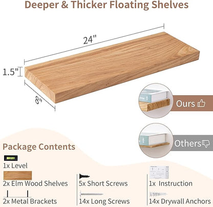 Axeman Floating Shelves for Wall, 24''W x 8'' D Rustic Solid Elm Wood Shelves for Storage, Wall Mounted Display Shelving with Invisible Heavy-Duty Metal Bracket (Natural, 2PCs)