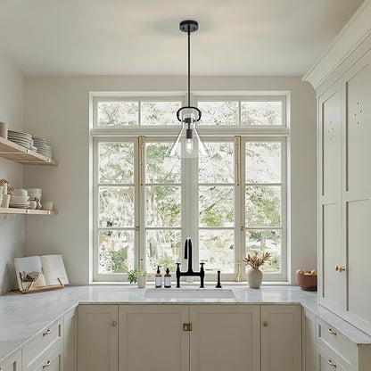 GoYeel Black Glass Pendant Light 9.8", Farmhouse Hanging Lighting 1 Light Kitchen Island Light Fixtures with Funnel Glass Shade for Kitchen Over Dining Table, E26 Base,Adjustable Height,Dimmable