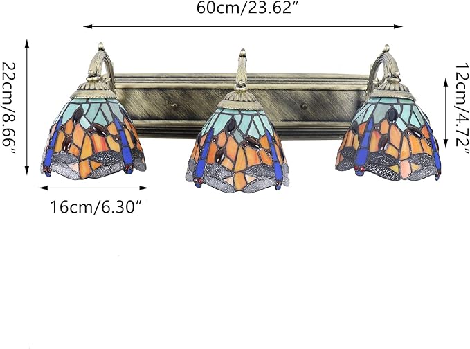 Retro Dragonfly Wall Sconce Lamp Victorian Decor Lamp 3-Light Vanity Light Fixtures Stained Glass Style Decorative Wall Lamp for Bathroom Bedroom Living Room Hotel