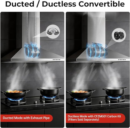 24 Inch Wall Mount Range Hood, Stainless Steel Range Hood 450 CFM, Ducted/Ductless Convertible Kitchen Hood with Push Button Control, 3 Fan Speed, 2 Pcs Mesh Filters