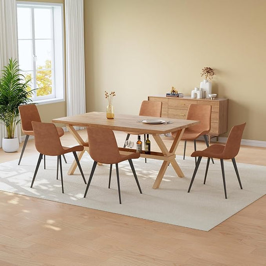 HIPIHOM 63" MDF Modern Dining Table with Chairs for 6, Kitchen Table Chairs Set of 6 with Strong Metal Base, Great for and Apartment Needs