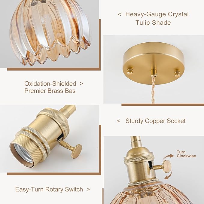 Mini Pendant Lights Kitchen Island, Small Adjustable Pendant Light Fixture with Amber Tulip Glass Lampshade, Vintage Gold Pendant Lighting, Pendant Light for Bedroom Dining Room Hallway