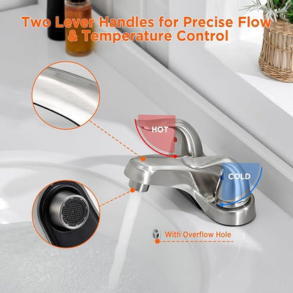 2 Pack Bathroom Sink Faucets 2/3 Hole,Brushed Nickel Dual Handles 4 inch Plastic Plating Over Bathroom Faucet with Pop-up Drain and 2 Supply Hoses for Apartment Rvs Sink Vanity