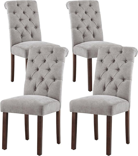 Tufted Dining Chairs Set of 4, Upholstered Parsons Dining Room Chairs, Fabric Kitchen Side Chair with Wood Legs, Light Grey