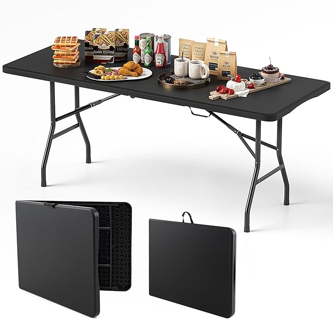 Goplus 6ft Plastic Folding Table, 350 LBS Outdoor Heavy Duty Folding Tables with HDPE Tabletop, Handle, Lock, Foldable Rectangle Portable Utility Card Table for Picnic, Party, Camping, Dining