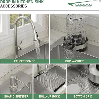 33x22 Drop In Kitchen Sink with Faucet Combo16 Gauge Stainless Steel Single Bowl Kitchen Sink Large Deep Round Corner Handmade Topmount Overmount Basin Kitchen Sinks