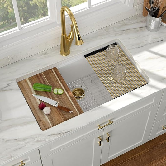33 Inch White Undermount Kitchen Sink Workstation - Couoko 33x19 White Granite Composite Undermount Sink Quartz Classic Under Counter Single Bowl Kitchen Sinks Basin with Luxury Accessories