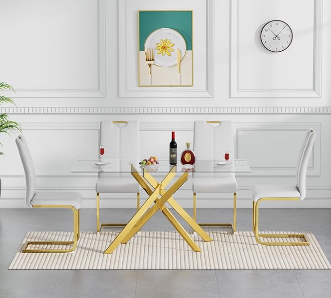 51.2'' Glass Dining Table for 4, Rectangular Dining Room Table for 4, X-Shape Gold Metal Legs, Kitchen Dining Room Living Room Glass Top Kitchen Table for 2