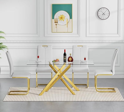 51.2'' Glass Dining Table for 4, Rectangular Dining Room Table for 4, X-Shape Gold Metal Legs, Kitchen Dining Room Living Room Glass Top Kitchen Table for 2