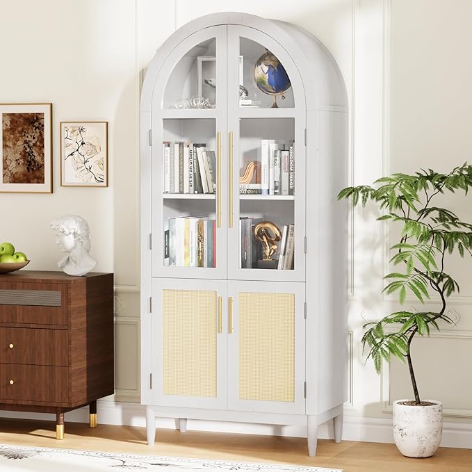 71” Tall Arched Kitchen Pantry Cabinet, 5-Tier Modern Farmhouse Flute Pantry with Adjustable Shelves, Kitchen Storage Cabinet for Kitchen, Dining Room, Living Room, White