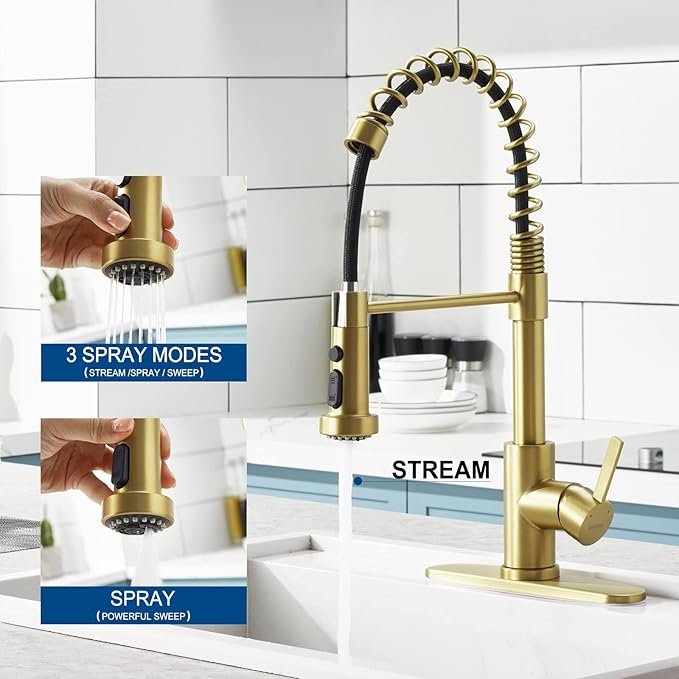 Gold Kitchen Faucet with Pull Down Sprayer, Single Handle Brushed Gold Faucet for Kitchen Sink, Commercial Farmhouse Kitchen Faucet with Deck Plate