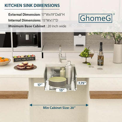 17 Undermount Kitchen Sink 17"x19"x8" Single Bowl 16 Gauge Stainless Steel Under Counter Single Bowl Kitchen Sinks Basin with Drain Strainer