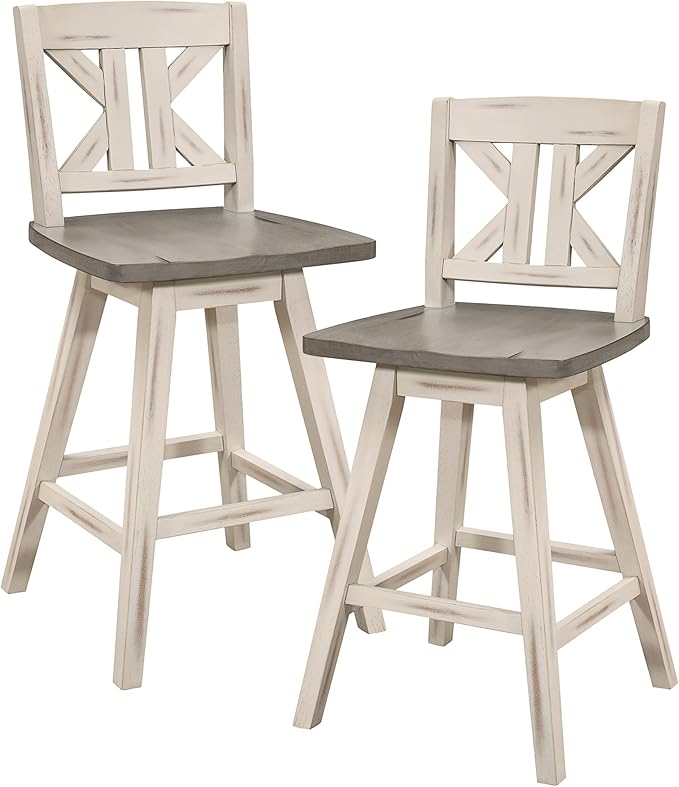 Lexicon Counter Height Stools Set of 2-Solid Wood Frame 360° Swivel Wooden Stools, Foot Rest, KK Back, Wide Seat, Distressed Farmhouse Easy to Clean Finish, 24" SH, Antique White/Grey