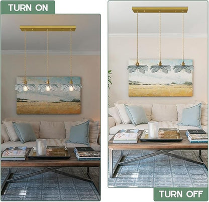 Mid Century 3-Light Pendant Chandelier – Dark Green Glass Shades & Gold Brass, Vintage Hanging Light for Dining Room, Kitchen Island, Farmhouse Living Room