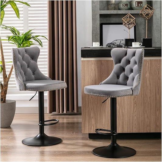 Swivel Velvet Barstools Adjusatble Seat Height from 25-33 Inch,17.7 inch Base, Modern Upholstered Bar Stools with Backs Comfortable Tufted for Home Pub and Kitchen Island,Grey,Set of 2