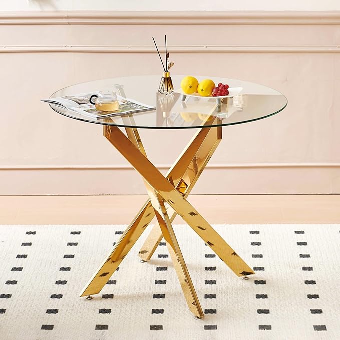 Round Glass Dining Table 35.4'' Inch Modern Round Kitchen Table with Metal Legs Durable Stylish Dinner Table for Dining Room Kitchen