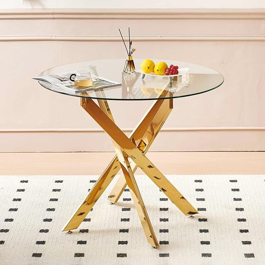 Round Glass Dining Table 35.4'' Inch Modern Round Kitchen Table with Metal Legs Durable Stylish Dinner Table for Dining Room Kitchen