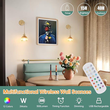 Shenmoyl Battery Operated Wall Sconce with Amber Tulip Shade Pattern Glass Adjustable Chain Retro Gold Wall Mounted Light, Modern Wall Lamp Fixtures Decor for Bedside Bedroom Indoor Doorway