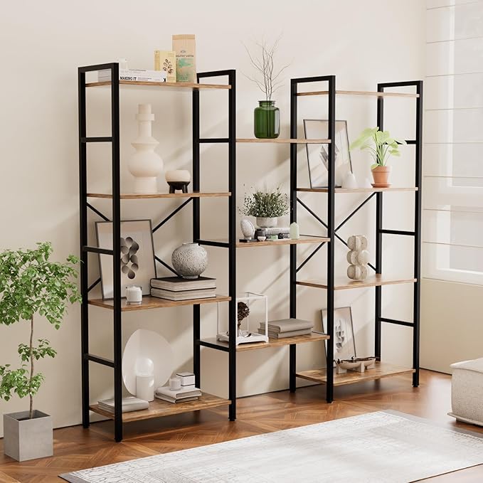 GRUSIGN Triple 4 Tier Book Shelf, Modern Bookcase Shelf, Freestanding Large Display Shelves for Living Room/Office/Garage, Stable Large Bookshelf with Storage for Books/LEGO/Plants, Rustic Brown